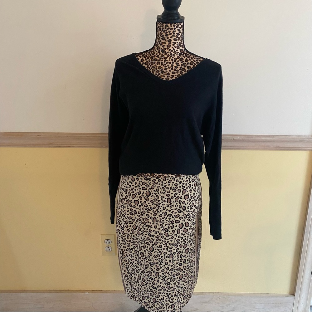 Gretchen Scott Leopard Print Pencil Skirt Tan Black Side Stripe Womens Size M